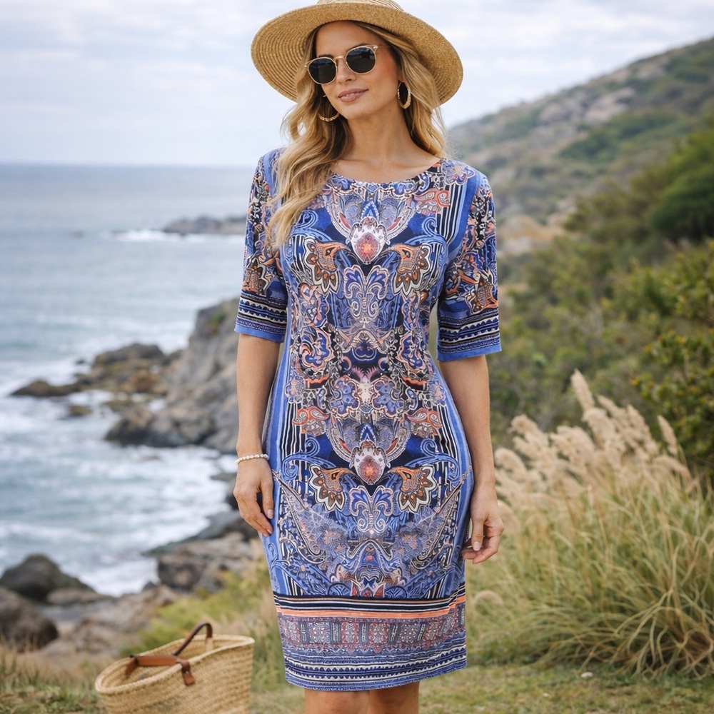 Signature Camryn Multi Colored Knee Length Short Sleeve BOHO Dress 8